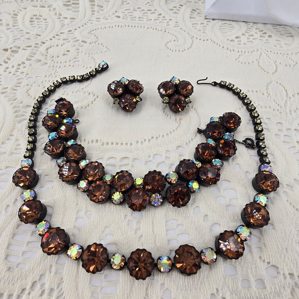 Vintage Autumn Rhinestone Necklace Set Cupcake Bracelet Earrings Japanned Chunky